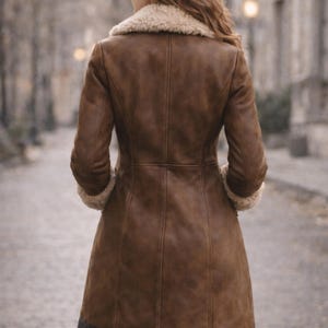 Back view of women’s brown shearling long coat with tailored fit and faux fur collar winter outerwear