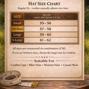 Hat size chart showing head circumference measurements in centimeters for handmade headwear