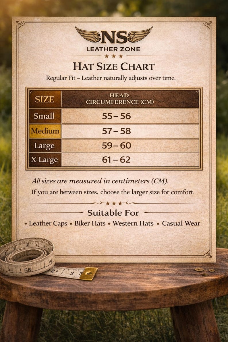 Hat size chart showing head circumference measurements in centimeters for handmade headwear