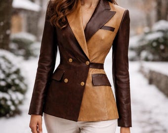 Women Two Tone Sheepskin Leather Blazer Slim Fit Brown Tan Jacket Double Breasted Coat