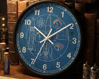 Rocket Ship Blueprint Clock／Industrial Wall Decor／Space Exploration Gift for Engineer／Navy Blue Technical Drawing／Sci-Fi Man Cave Art
