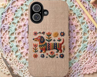 Dachshund Phone Case,Colorful Dachshund Embroidery Design,Nordic Phone Case,Folklore Phone Case,Wiener Dog Phone Case,iPhone,Samsung Galaxy