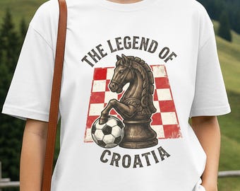 Chorwacka koszulka piłkarska, koszulka z humorystycznym wzorem szachowym, chorwacka koszulka, chorwacka koszulka piłkarska w stylu vintage z rycerzem szachowym, prezent dla miłośników koni, koszulka unisex Comfort Colors® 1717