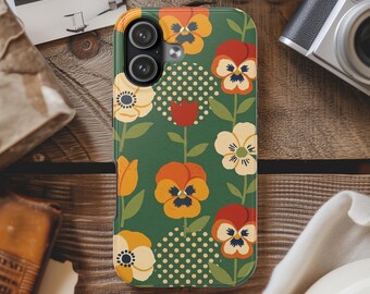 Retro Polka Dot Tough Phone Case,Tulip Phone Case,Retro Pansy Print,MCM Phone Case,Nordic Phone Case,iPhone 17-11,Samsung Galaxy S25-S21