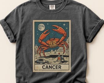 Sci Fi Magazine Style Cancer Zodiac Tshirt,Space Age Zodiac Series,Retrofuturism Space Crab,Pulp Magazine Style Art,Retro Futurism Clothing