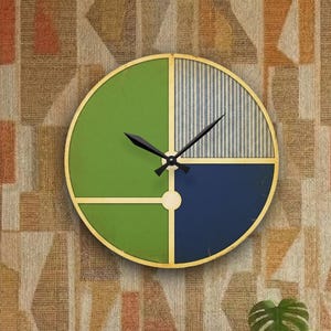 Orologio da parete in acrilico con motivo a strisce di noce americano e forme geometriche - Design moderno di metà secolo - Orologio in stile arte moderna - Stanza minimalista - Decorazione elegante per boutique e saloni di parrucchieri - Decorazione per caffè retrò - Arte murale in stile antico
