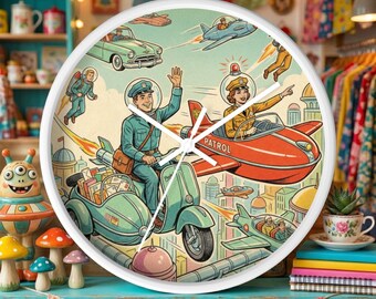 Space Age Professions Clock - Mailman & Police Patrol - Retro Job Illustration - Funny Wall Decor - Novelty Gift for Him - Eclectic Cafe Art