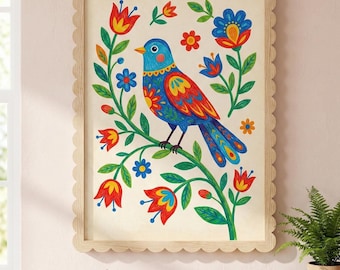 Blue Bird Wall Art, Scandi Folk Art Print, Symbol of Happiness, Bird Lover Gift, Colorful Nature Poster, Bedroom Peaceful Decor