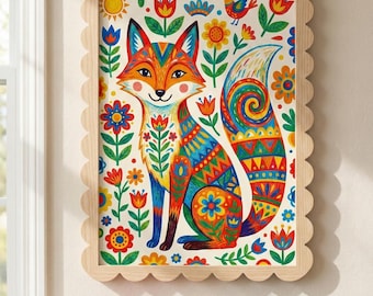 Fox Wall Art Print, Scandi Folk Art Poster, Woodland Nursery Decor, Cute Animal Illustration, Orange Kids Room Decor, Forest Theme Gift