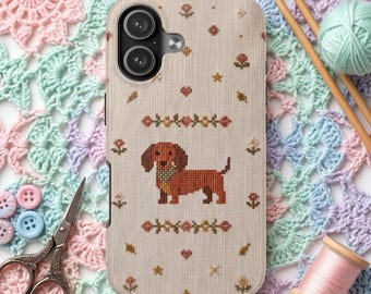 Cross Stitch Dachshund Phone Case,Needlepoint Dachshund,Sausage Dog Accessories,Nostalgic Embroidery Style Cover,iPhone ,Samsung Galaxy