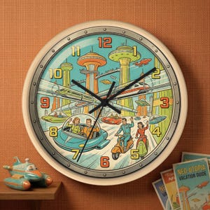 Reloj de pared con paisaje urbano retrofuturista - Reloj retro de la era espacial vintage - Ciudad futurista vibrante - Autos voladores y trenes subterráneos - Arte de ciencia ficción de los años 50 - Decoración infantil retro - Regalo para amantes de los vehículos - Regalo para amantes de la ciencia ficción - Pop y colorido