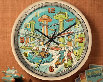 Retro Future City Clock - Flying Cars & Tube Trains - Busy Metropolis Art - 1950s Sci-Fi Transport - Boys Room Decor - Colorful Urban