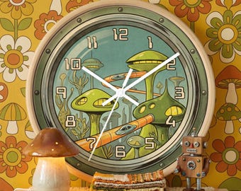 Organic Architecture Clock - Retro Mushroom House - Whimsical Sci-Fi Art - Lime Green & Orange - 70s Style Futurism - Unique Home Decor