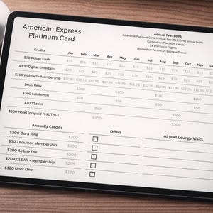 May include: A tablet screen shows an American Express Platinum Card statement, detailing credits and fees. A cup of coffee and wireless earbuds are on the wooden surface, alongside a pen.