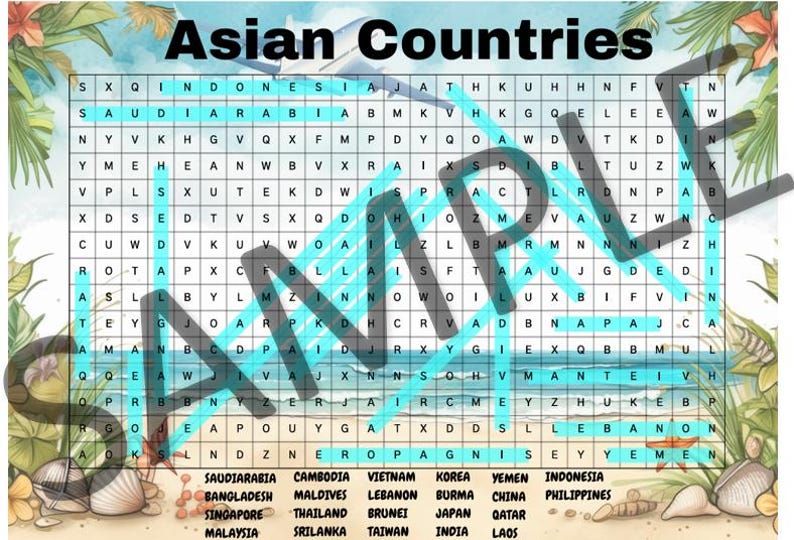 Asian Countries Word Search - Etsy