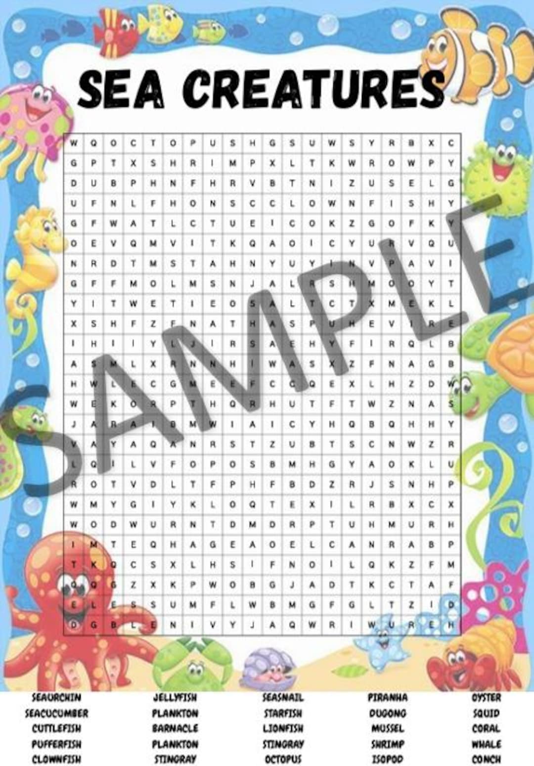 Sea Creatures Word Search - Etsy Australia