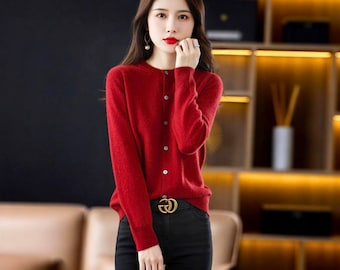 Dark Rose Red Knit Cardigan for Women, Button Front Sweater, Soft Feminine Layering Cardigan, Giftable Everyday Knitwear