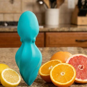 Op de afbeelding: Een turquoise citruspers met een uniek, gedraaid ontwerp. De pers wordt getoond met gehalveerde sinaasappels, citroenen en een grapefruit, wat wijst op het gebruik ervan voor het bereiden van vers sap. De keukenomgeving omvat een granieten aanrecht.