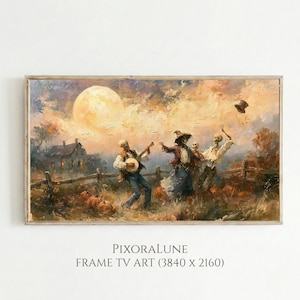 May include: A digital painting for a TV screen titled PIXORALUNE FRAME TV ART (3840 x 2160) depicting three skeletons dancing in a pumpkin patch under a large full moon. The scene features a rustic house, a wooden fence, and warm orange tones.