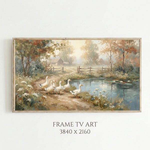 Quadro decorativo para TV com tema de fazenda e lagoa de patos, paisagem rural vintage, arte de parede rústica e campestre, cena bucólica da natureza, arte para TV com moldura Samsung.