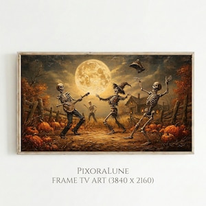 Puede incluir: Una obra de arte digital titulada PIXORALUNE FRAME TV ART (3840 x 2160) que muestra esqueletos bailando y tocando el banjo en un campo con calabazas bajo una gran luna llena. La escena incluye una valla de madera, una casa y árboles.