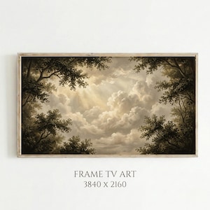 May include: A framed landscape painting featuring a dramatic sky filled with fluffy white clouds and rays of sunlight. Dark trees frame the top and sides of the artwork. The text "FRAME TV ART 3840 x 2160" is at the bottom.
