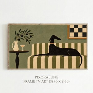 Greyhound Frame TV-konst, svart sighhund på olivgrön soffa, italiensk modern hundmålning, Samsung Frame TV-dekor
