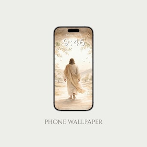 Könnte beinhalten: Ein Smartphone zeigt ein Aquarellbild einer Figur in Gewändern, die auf einem Weg weggeht. Der Bildschirm des Telefons zeigt die Uhrzeit 9:46 und das Datum. Darunter steht "PHONE WALLPAPER".
