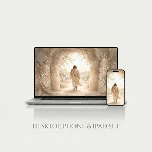 Könnte beinhalten: Ein Laptop und ein Smartphone zeigen ein Aquarellbild einer Figur, die auf eine helle Öffnung zugeht. Das Bild ist vor einem hellen Hintergrund platziert. Der Text "DESKTOP, PHONE & IPAD SET" wird unten angezeigt.