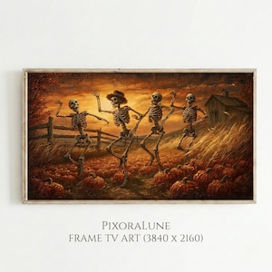 Puede incluir: Una obra de arte digital titulada PIXORALUNE FRAME TV ART (3840 x 2160) que muestra cuatro esqueletos bailando en un campo de calabazas al atardecer. La escena incluye una valla de madera rústica, un granero pequeño y luz naranja cálida.