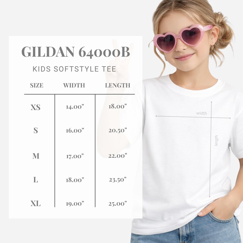 May include: White Gildan 64000B Kids Softstyle Tee with size chart. The chart shows measurements for XS, S, M, L, and XL sizes, with widths ranging from 14.00" to 19.00" and lengths from 18.00" to 25.00".