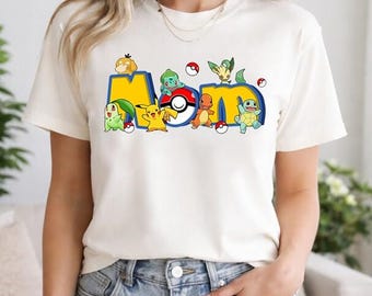 Chemise maman PKM Pikachu personnalisée, chemise maman Pokeball Salamèche Bulbizarre, t-shirt fête des mères Pokeball, t-shirt famille anime, cadeau fête des mères