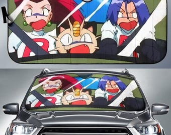 Funny Team Rocket Pokeball Car Sunshade, Pikachu Meowth Jessie James Car Sun Shade, Pokeball Monster Car Decor, Anime Monster Car Accessory