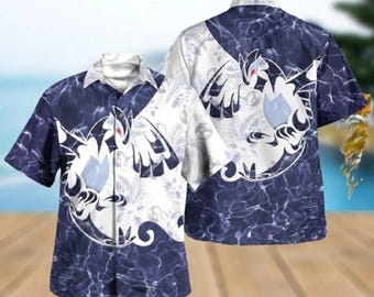 Shadow Lugia Pokeball Hawaiian Shirt, Lugia Pikachu Hawaiian Tee, PKM Aloha Beach Shirt, Anime Monster Pokeball Tee, Pokeball Beach Outfit