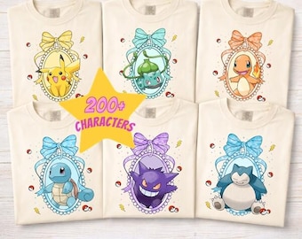Camiseta personalizada de Coquette Bows con todos los personajes de Pokeball, camiseta de Pikachu, Charmander y Gengar, camiseta de anime de monstruos Pokémon, camiseta de cumpleaños a juego para toda la familia.