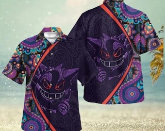 Gengar Pokeball Hawaiian Shirt, Gengar Pikachu Hawaiian Tee, PKM Aloha Beach Shirt, Anime Monsters Pokeball Gift For Him, Pokeball Outfit
