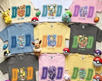 Personalized PokeDad Shirt, Pokeball Pikachu Charmander Bulbasaur Gengar Shirt, PokeDad Father's Day Tee, Gift For Dad Family Matching Shirt