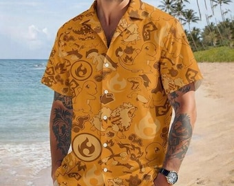 Camisa hawaiana de Pokémon tipo Fuego, camisa de Charmander y Charizard estilo Aloha Beach, camiseta hawaiana a juego con el juego PKM, regalo de camisa de monstruos de anime para él.