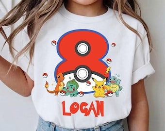 Chemise d'anniversaire PKM personnalisée, t-shirt d'anniversaire de Bulbizarre de Pikachu, chemise d'anniversaire de Pokeball de nom personnalisé, t-shirt assorti de famille de monstre