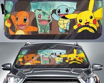 Pokeball Car Sunshade, Pikachu Charmander Bulbasaur Squirtle Car Sun Shade, Pokeball Monster Car Windshield, Anime Monster Car Accessory