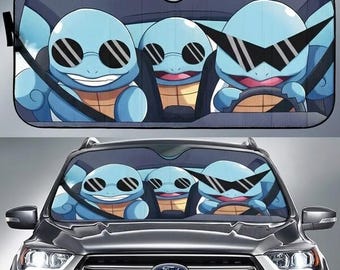 Funny Squirtle Squad Car Sunshade, Pokeball Pikachu Squirtle Car Windshield, Squirtle Pokeball Monster Car Decor,Anime Monster Car Accessory