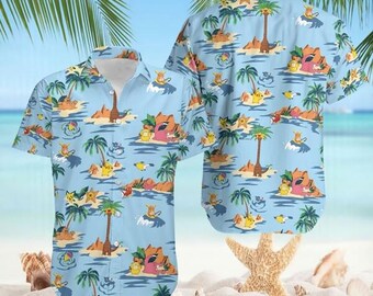 PKM Island Hawaiian Shirt, Poke Monster Aloha Shirt, Pikachu Psyduck Aloha Shirt, Hawaiian Aloha Style Outfit, Video Game Hawaiian Tee