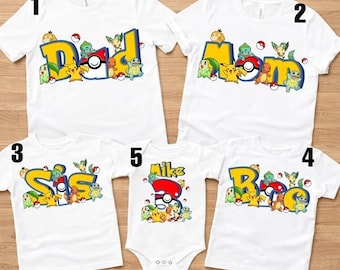 Chemise d'anniversaire personnalisée Pokeball Pikachu, Psyduck Bulbizarre Salamèche Poke t-shirt d'anniversaire, chemise d'anniversaire personnalisée PKM, t-shirt assorti famille Anime