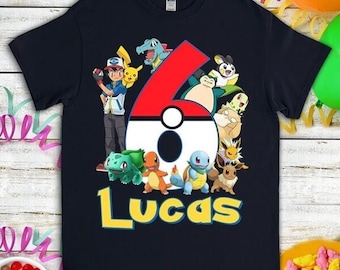 Custom Name Pokeball Birthday Shirt, Personalized PKM Birthday Shirt, Pikachu Charmander Bulbasaur Birthday Tee, Monster Family Matching Tee
