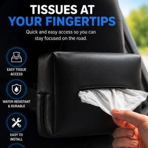Car Tissue Holder for Headrest – Black Leather Tissue Box with Zipper Storage & Adjustable Strap