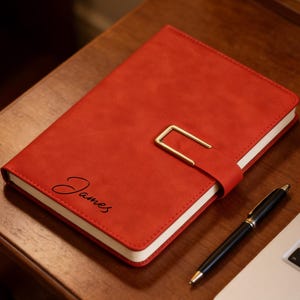 May include: A red leather journal with a gold clasp and the name "James" in script. A black pen and a laptop are next to the journal on a wooden surface. The journal is closed.