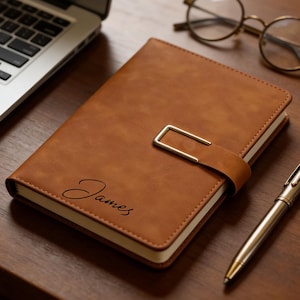 May include: A brown leather journal with a metal clasp and the name "James" printed on the cover. A silver pen and round eyeglasses are next to the journal on a wooden surface. A laptop is in the background.