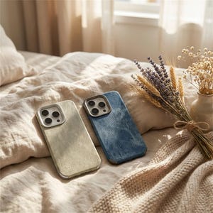 Könnte beinhalten: Zwei Handyhüllen, eine in hellem Beige und die andere in blauem Denim, liegen auf einem Bett. Beide Hüllen haben einen metallischen Kameraring. Ein Strauß Trockenblumen und Lavendel befindet sich in der Nähe.