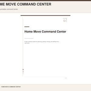 Può includere: Un documento stampabile di 44 pagine Home Move Command Center con sfondo bianco e testo marrone scuro. La copertina presenta il titolo Home Move Command Center e il sottotitolo A calm, practical system for planning, packing, moving, and setting into a new home.