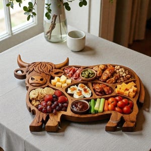 Highland Cow Charcuterie Board, Wooden Rustic Farmhouse Appetizer Platter, Cheese Serving Board